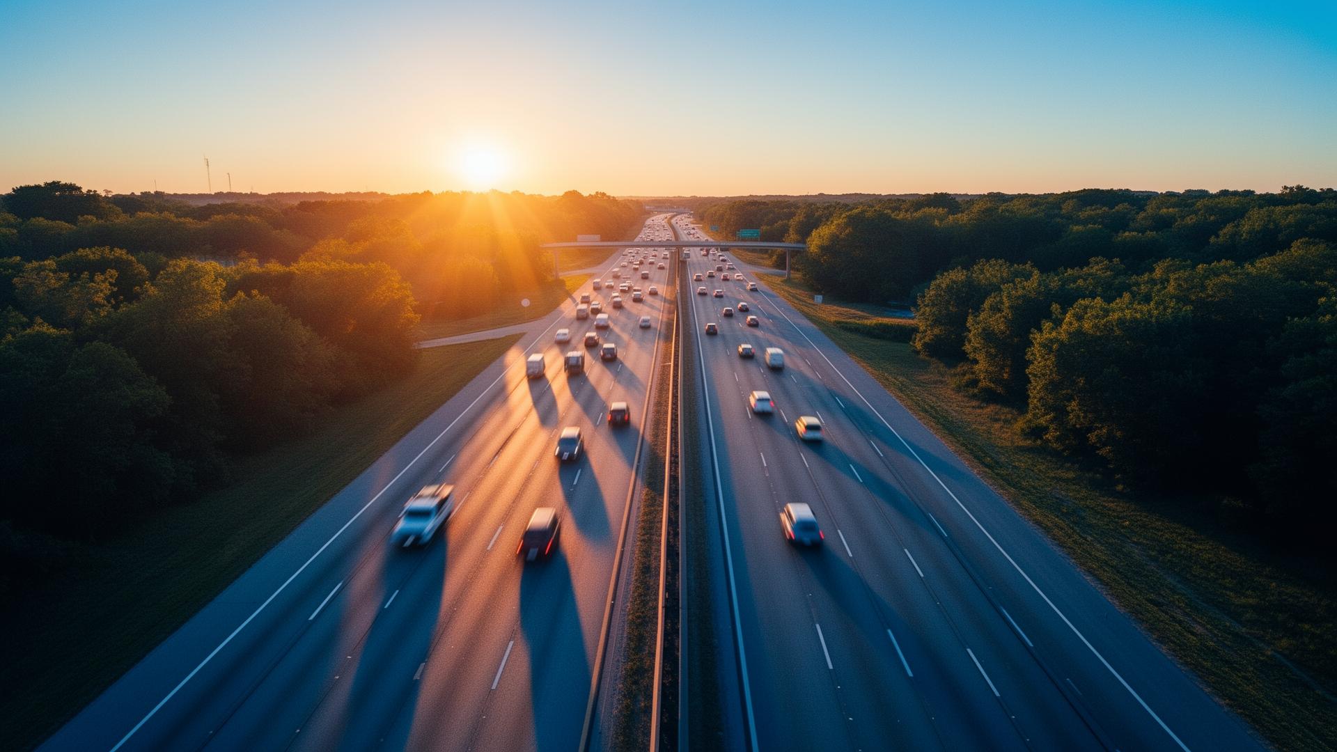 Carretera estadounidense al atardecer